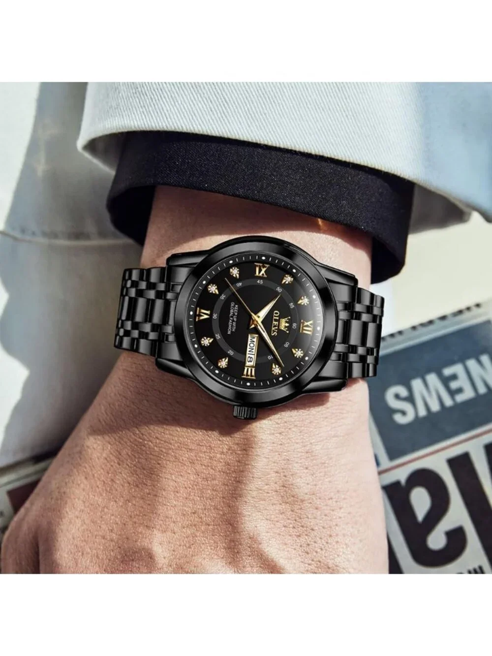 Olevs Mens Black Dial Diamond Wrist Quartz Stainless Steel Luminous Luxury Watch